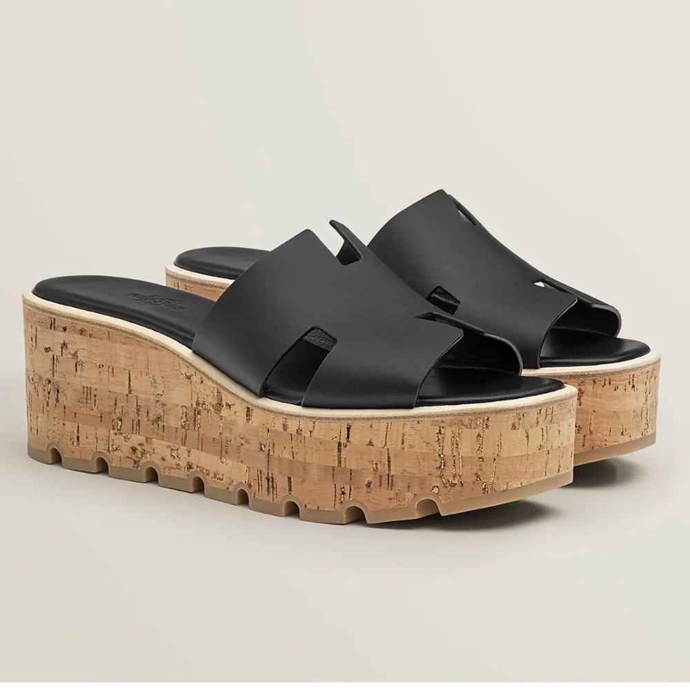 NEW HERMÈS Black Calfskin Leather Eze 30 Platform Sandals
